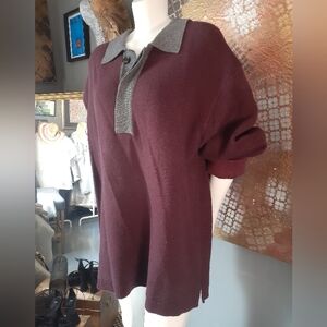 Zara Wool Blend Burgundy Polo Style Sweater with Gray Collar